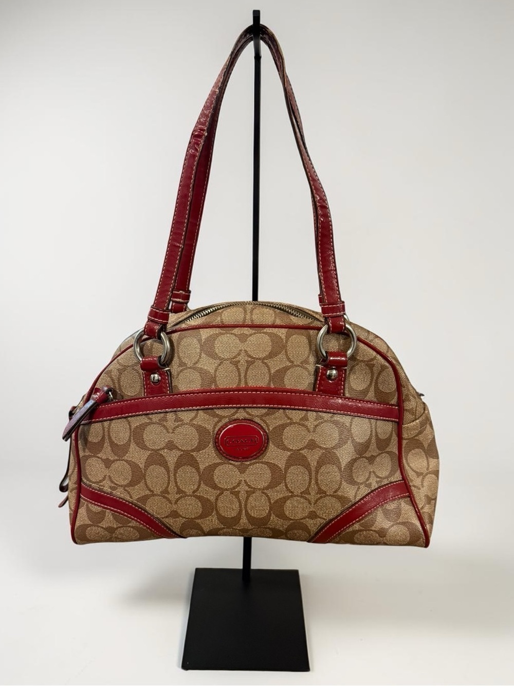 COACH Peyton Signature Satchel Khaki Burgundy Canvas Leather Shoulder Bag F18918